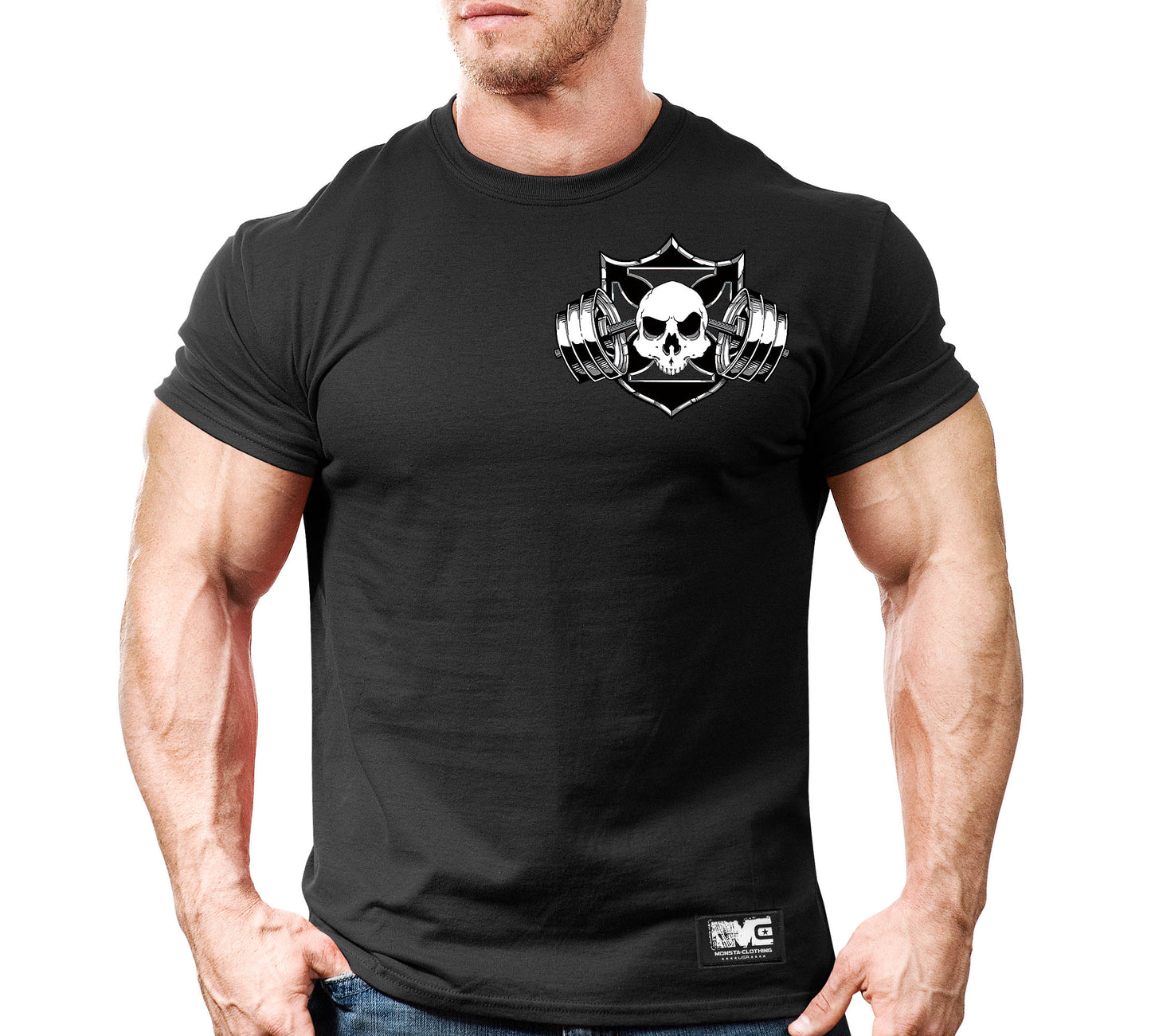 CSS: Skull-Shield-Barbell-BK-WT-GY-Left-65