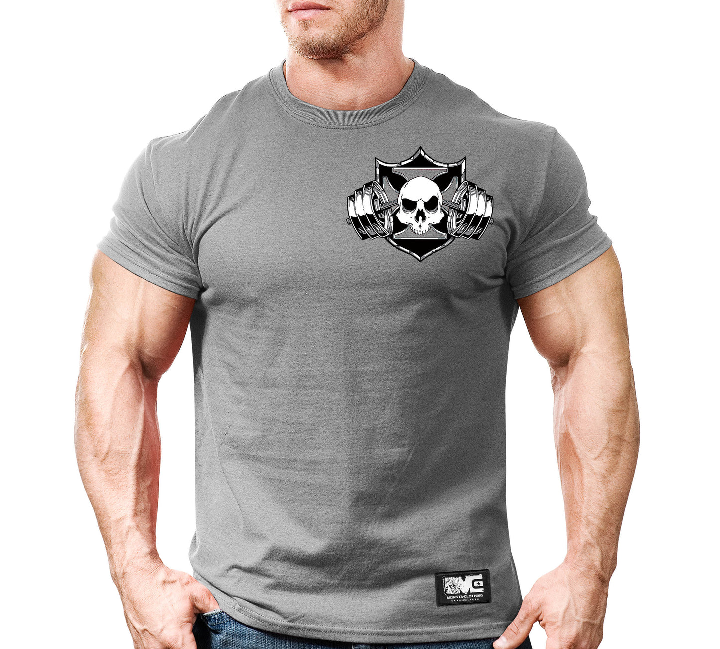 CSS: Skull-Shield-Barbell-BK-WT-GY-Left-65