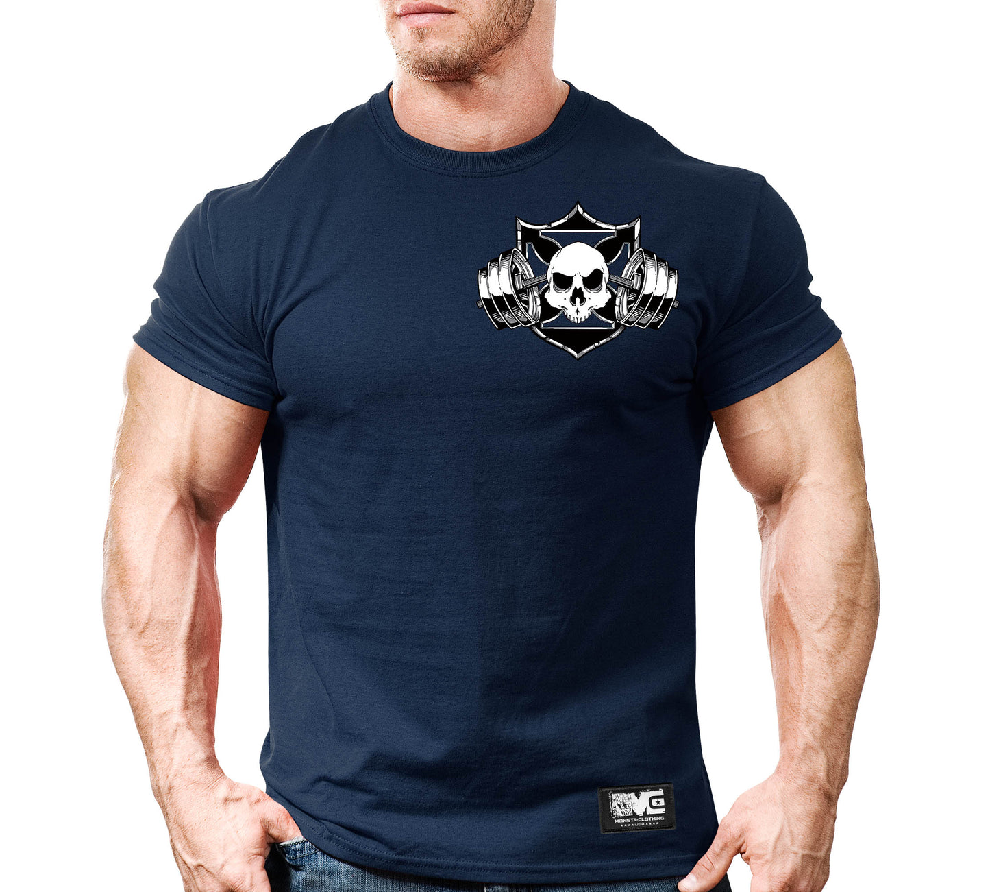 CSS: Skull-Shield-Barbell-BK-WT-GY-Left-65