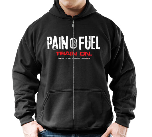 Zipper Hoodie: Pain is Fuel-Train on.-62: WT-RD